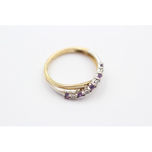 402 - 9ct Gold Diamond & Amethyst Crossover Ring (1.7g)- SIZE M