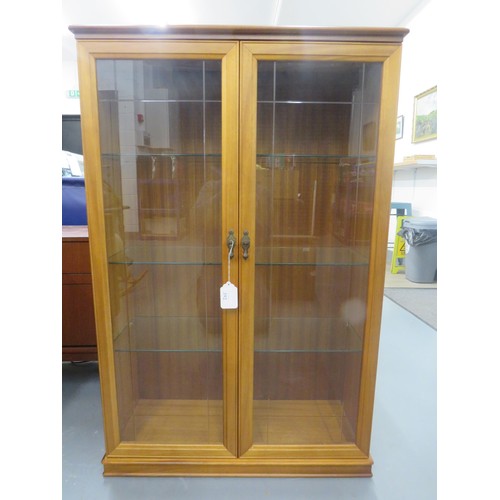 392 - TEAK GLASS DISPLAY CABINET - HEIGHT 127cm  x WIDTH 83cm x DEPTH 33cm