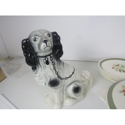 383 - ALFRED MEAKIN DINNER SET, GLASS DECANTER, PAIR OF STAFFORDSHIRE DOGS ETC