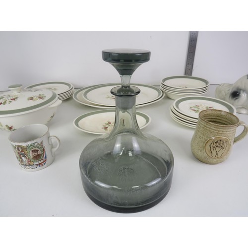 383 - ALFRED MEAKIN DINNER SET, GLASS DECANTER, PAIR OF STAFFORDSHIRE DOGS ETC