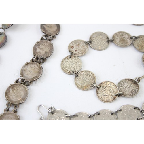 620 - THREEPENCE COIN BRACELETS SILVER (6) 1899 Victoria Edward VII George V VI, 97g