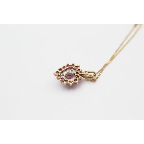 466 - 9ct Gold Ruby & Diamond Heart Cluster Pendant Necklace (1.2g)