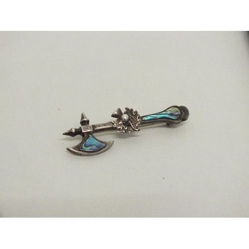 38A - SCOTTISH SILVER AND ABALONE AXE BROOCH IN ANTIQUE JEWELLERY BOX