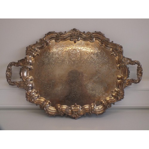 45 - LARGE ORNATE SERVING TRAY - HARRODS LONDON SILVER PLATED COPPER CAVALIER 71cm x 47cm