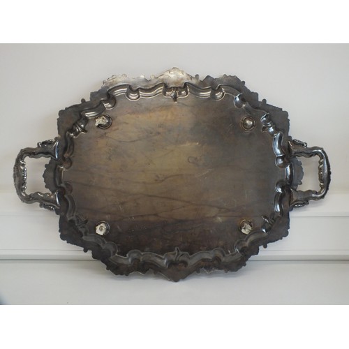 45 - LARGE ORNATE SERVING TRAY - HARRODS LONDON SILVER PLATED COPPER CAVALIER 71cm x 47cm