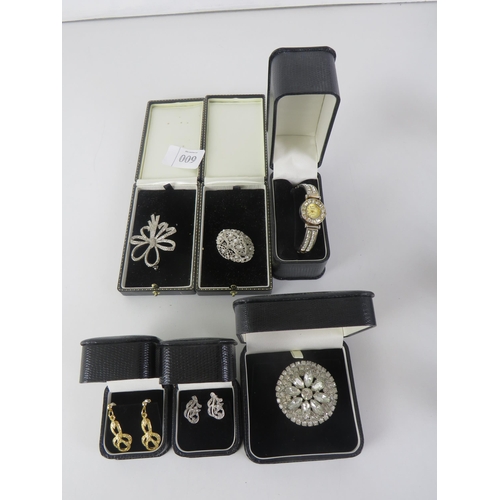 9 - 6 x BOXED JEWELLERY / WATCH INCLUDES BENITO WATCH, BROOCHES, MARCASITE EARRINGS etc