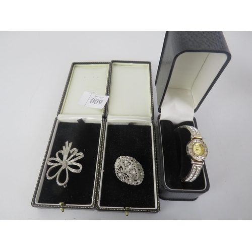 9 - 6 x BOXED JEWELLERY / WATCH INCLUDES BENITO WATCH, BROOCHES, MARCASITE EARRINGS etc