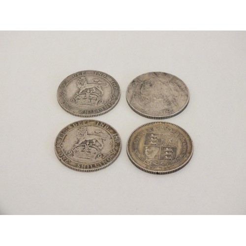 13 - FOUR PRE 1920 SILVER ONE SHILLING COINS 1887, 1898, 1904, 1907