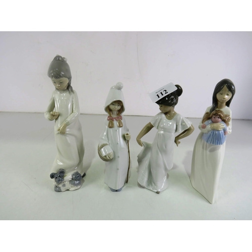 112 - NAO FIGURES- BABY DOLL, PLAYFUL DOG, WALKER AND ONE OTHER