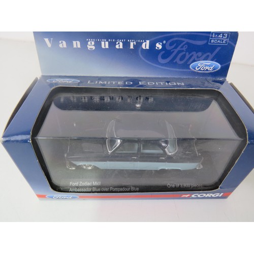 130 - VANGUARD ZODIAC MKII, CORGI RACING CAR BLUE, RACING CAR GREEN, FERRARI 250 GTO, JAGUAR MK11 SALOON, ... 