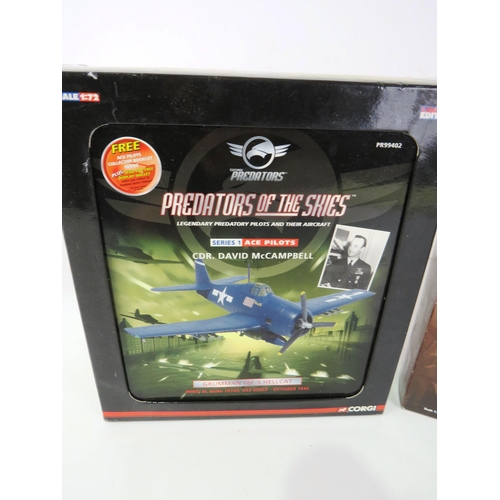 141 - 3 x BOXED CORGI GRUMMAN AVENGER TBM-3, GRUMMAN F6F-5 HELLCAT, DOUGLAS DC3 AIR FRANCE MODEL AEROPLANE... 