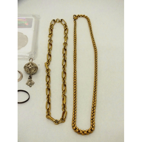 6 - COSTUME JEWELLERY TO INCLUDE SILVER EARRINGS GOLD COLOUR CHAINS AND BRACELETS ETC