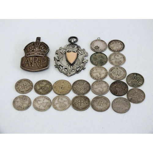 20 - SILVER A.R.P BADGES, SILVER MEDAL AND TWENTY SILVER COINS
