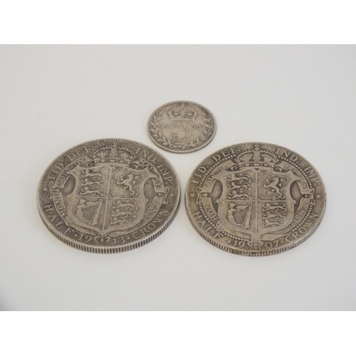 31 - TWO SILVER HALFCROWN COINS 1907 AND 1913