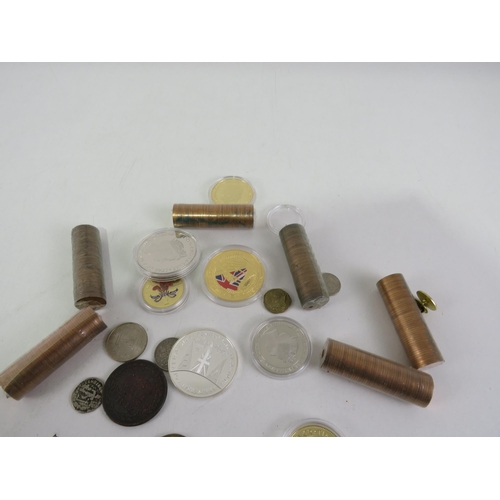 434 - COINS INCLUDES SIX ROLLS OF UNCICULATED HALF PENNIES, COLOURIZED ETC