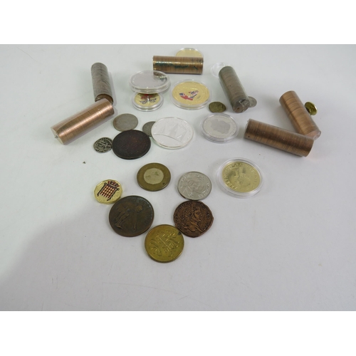 434 - COINS INCLUDES SIX ROLLS OF UNCICULATED HALF PENNIES, COLOURIZED ETC