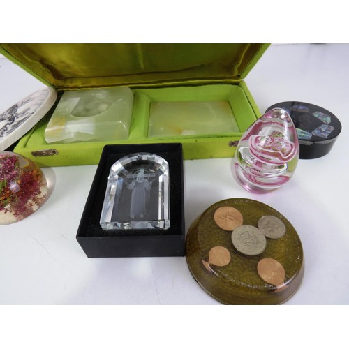 203 - PAPERWEIGHTS, BOXED AGATE ASTRAY & COASTER, ABALONE PAPERWEIGHT, KIANA STAG PAPERWEIGHT