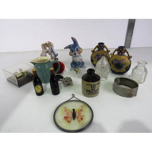 205 - COLLECTABLES INCLUDES PAIR OF MINIATURE HAND PAINTED VASES, LARGE WADE THUMPER, SILVER BANGLE etc