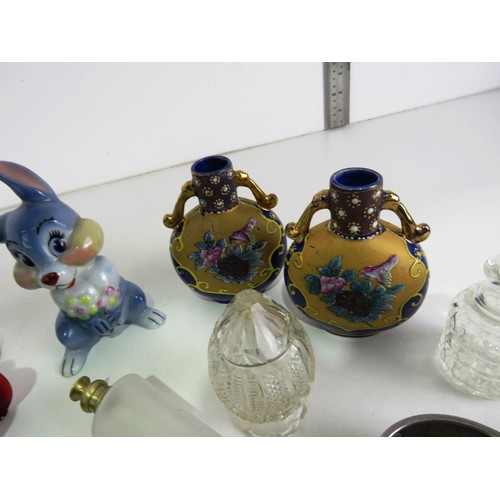 205 - COLLECTABLES INCLUDES PAIR OF MINIATURE HAND PAINTED VASES, LARGE WADE THUMPER, SILVER BANGLE etc