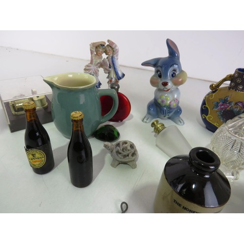 205 - COLLECTABLES INCLUDES PAIR OF MINIATURE HAND PAINTED VASES, LARGE WADE THUMPER, SILVER BANGLE etc