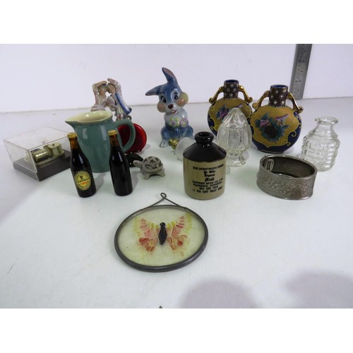 205 - COLLECTABLES INCLUDES PAIR OF MINIATURE HAND PAINTED VASES, LARGE WADE THUMPER, SILVER BANGLE etc