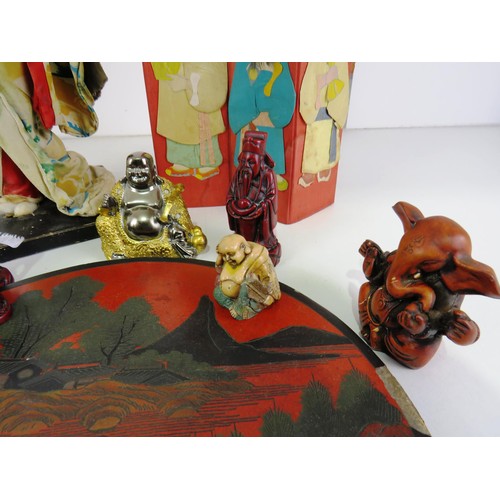 208 - ORIENTAL COLLECTABLES INCLUDES CLOTH GEISHA GIRL, BUDDHA'S, JAPANESE HAND PAINTED WOODEN TRAY etc