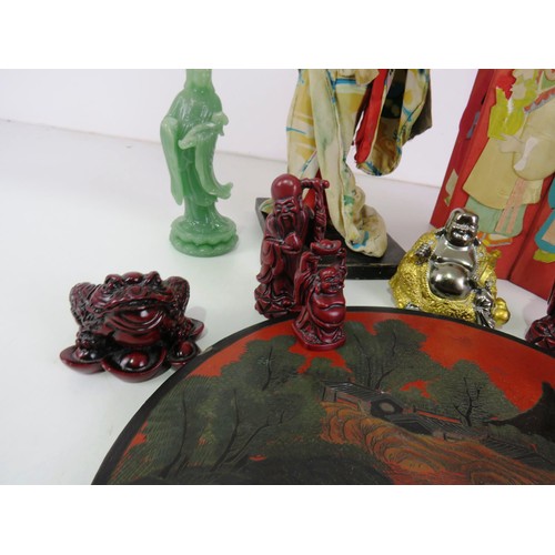 208 - ORIENTAL COLLECTABLES INCLUDES CLOTH GEISHA GIRL, BUDDHA'S, JAPANESE HAND PAINTED WOODEN TRAY etc