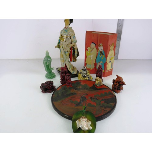 208 - ORIENTAL COLLECTABLES INCLUDES CLOTH GEISHA GIRL, BUDDHA'S, JAPANESE HAND PAINTED WOODEN TRAY etc