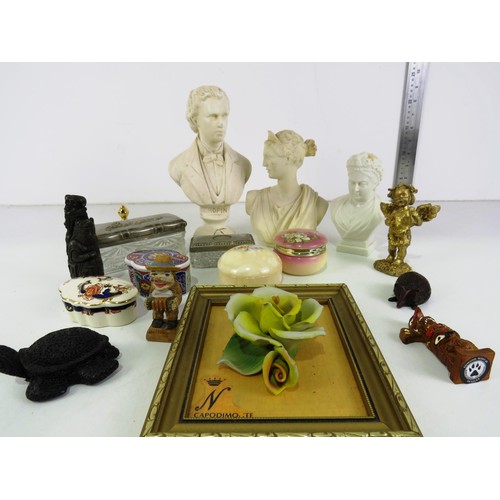 210 - MISC INCLUDES TRINKET POTS, RESIN BUSTS, CAPODIMONTE 3D FLORAL PLAQUE etc