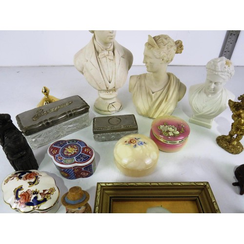 210 - MISC INCLUDES TRINKET POTS, RESIN BUSTS, CAPODIMONTE 3D FLORAL PLAQUE etc