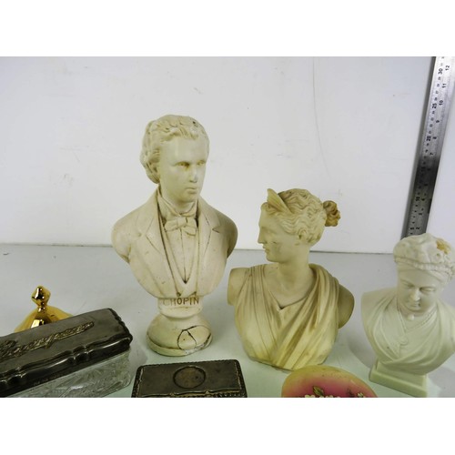 210 - MISC INCLUDES TRINKET POTS, RESIN BUSTS, CAPODIMONTE 3D FLORAL PLAQUE etc