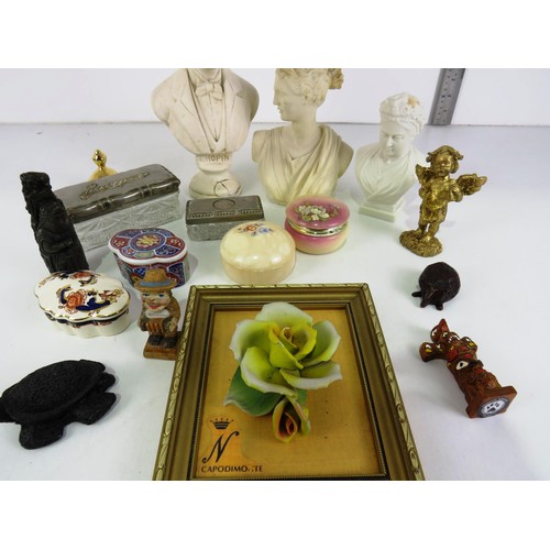 210 - MISC INCLUDES TRINKET POTS, RESIN BUSTS, CAPODIMONTE 3D FLORAL PLAQUE etc