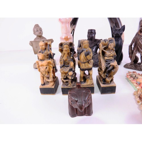 211 - COLLECTABLES INCLUDES ORIENTAL FIGURES, PAIR OF CARVED HORN BIRDS, MARBLE CANDLESTICK etc