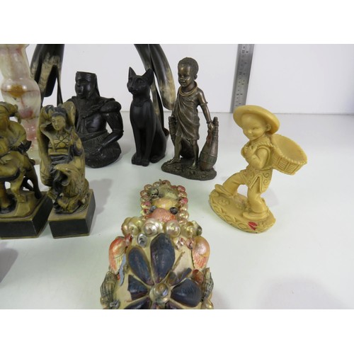 211 - COLLECTABLES INCLUDES ORIENTAL FIGURES, PAIR OF CARVED HORN BIRDS, MARBLE CANDLESTICK etc