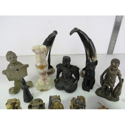 211 - COLLECTABLES INCLUDES ORIENTAL FIGURES, PAIR OF CARVED HORN BIRDS, MARBLE CANDLESTICK etc