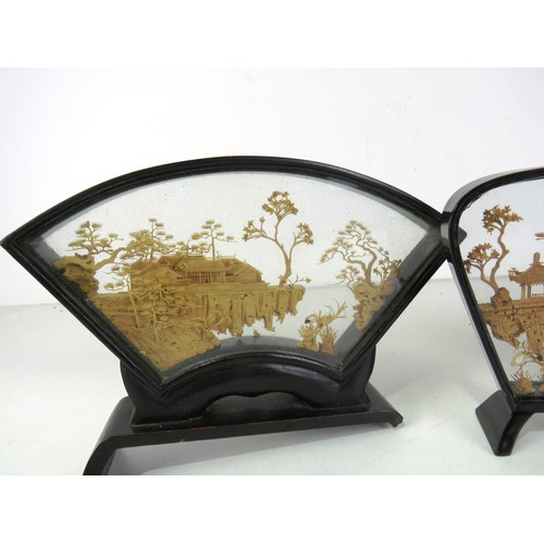 214 - THREE ART DECO CHINESE CARVED CORK DIORAMA SHADOW BOXES (ONE WITH BROKEN STAND)