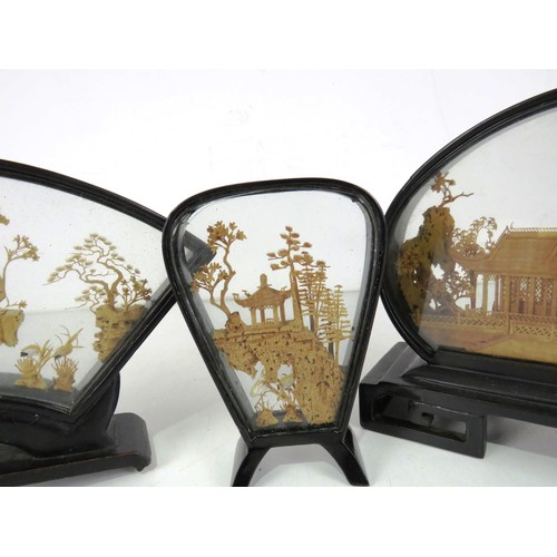 214 - THREE ART DECO CHINESE CARVED CORK DIORAMA SHADOW BOXES (ONE WITH BROKEN STAND)