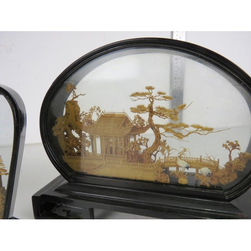 214 - THREE ART DECO CHINESE CARVED CORK DIORAMA SHADOW BOXES (ONE WITH BROKEN STAND)