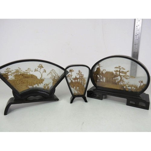 214 - THREE ART DECO CHINESE CARVED CORK DIORAMA SHADOW BOXES (ONE WITH BROKEN STAND)