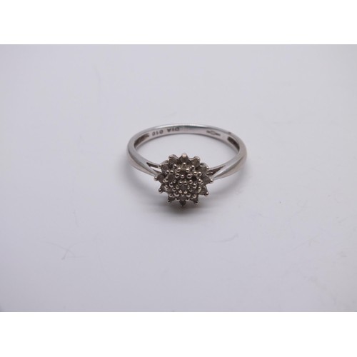 182 - 9ct WHITE GOLD 0.10ct DIAMOND CLUSTER RING SIZE L
Weight 1.7g