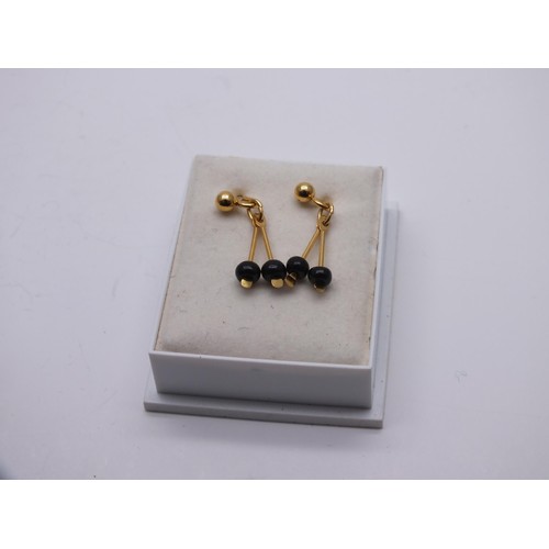 87 - 9ct GOLD & BLACK ONYX STUD DANGLE EARRINGS - BOXED (NO BACKS)