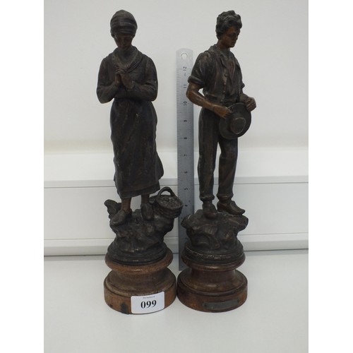99 - PAIR OF ANTIQUE SPELTER FIGURES ON WOODEN PLINTHS (one restored)
Approx Height 37cms