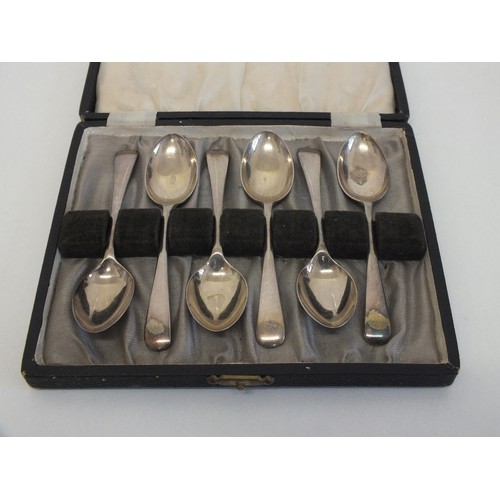59 - BOXED SET OF SIX SILVER SPOONS SHEFFIELD 1945 MADE BY WALTER TRICKET- 93.5g