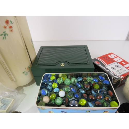 379 - BOX OF VARIOUS ITEMS INCLUDING MARBLES ETC