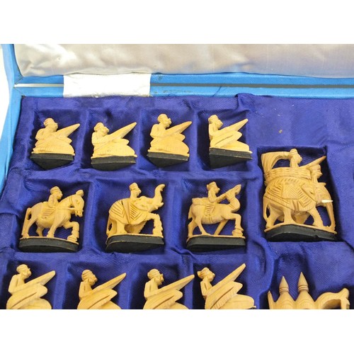 234 - RARE ANTIQUE RAJASTHANI HAND CARVED SANDALWOOD CHESS SET - COMPLETE IN ORIGINAL BOX