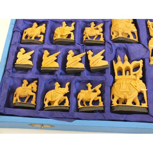 234 - RARE ANTIQUE RAJASTHANI HAND CARVED SANDALWOOD CHESS SET - COMPLETE IN ORIGINAL BOX