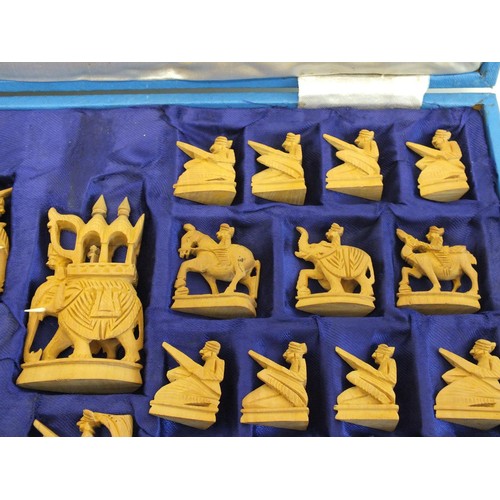 234 - RARE ANTIQUE RAJASTHANI HAND CARVED SANDALWOOD CHESS SET - COMPLETE IN ORIGINAL BOX