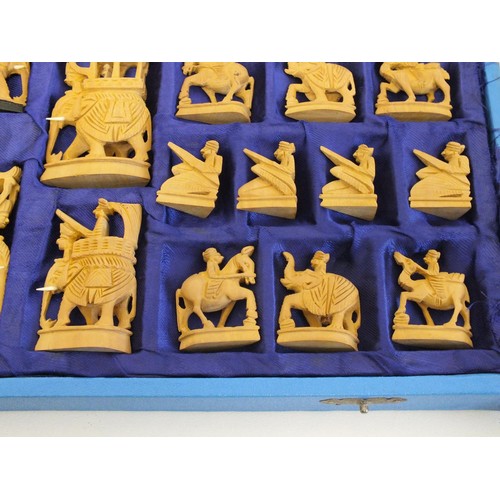 234 - RARE ANTIQUE RAJASTHANI HAND CARVED SANDALWOOD CHESS SET - COMPLETE IN ORIGINAL BOX