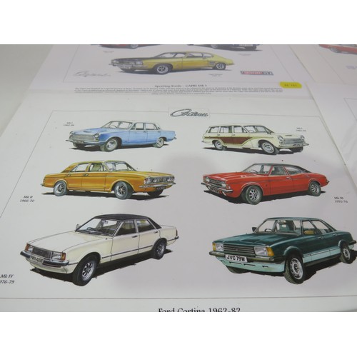 156 - FORD MOTOR CAR PRINTS, CORITNA ANGLIA, CAPRI ESCORT ETC- APPROXIMATELY 12