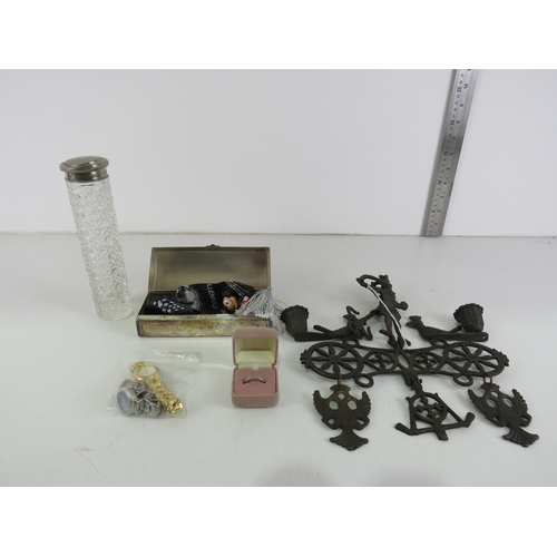 109 - CAST IRON WEATHER VANE, LADIES WATCHES, CUT GLASS BOTTLE ETC